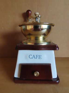 Kaffeemühle Keramik mit Holz goldfarbene Aufsatz Seitlich blaue Rosen