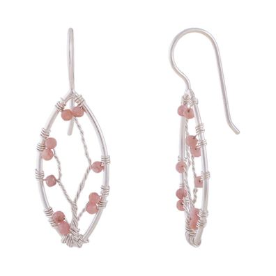 Ohrhaken Ohrring 37x12,5mm Spitzoval mit Geflecht und rosa Steinen Rhodonit Silber