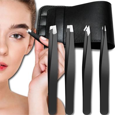 Set mit 4 professionellen Pinzetten aus Edelstahl + Etui