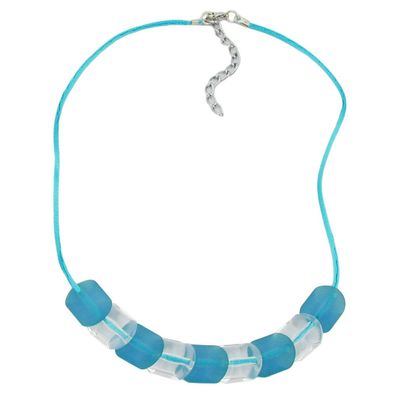 Kette Schrägperle Kunststoff türkis- und kristall-transparent glänzend Seidenschnu