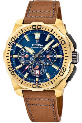 Festina Herren-Chronograph mit Lederband Goldfarben/Blau F20728/1