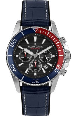 Jacques Lemans Herrenuhr Chronograph mit Lederband Blau 1-2206D