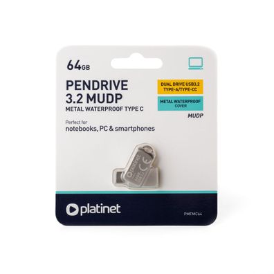 Platinet 2-in-1 USB-Stick 64 GB USB-A 3.2 USB-C Metall Silber