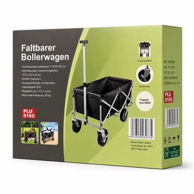 Faltbarer Bollerwagen 80 kg Transportwagen mit Bremsen Schwarz Grau