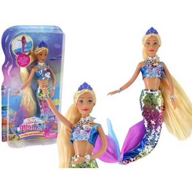 Lean Toys Blaue Meerjungfrau Puppe Lange Blonde Haare Meerjungfrau Schwanz Pailletten