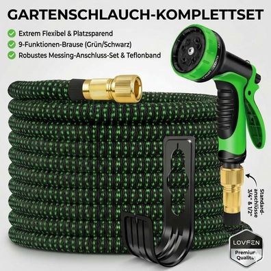 Flex-Gartenschlauch 15m dehnbar Gewebe-Wasserschlauch Set inkl. Brause, sw