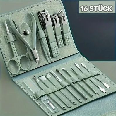 16-teiliges Premium Nagelpflege-Set aus Edelstahl grün