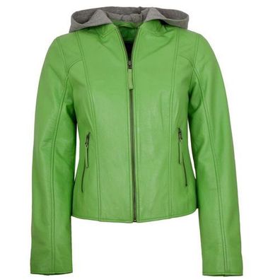 Jilani Collection - Damen Lederjacke Lammnappa Kapuze grün
