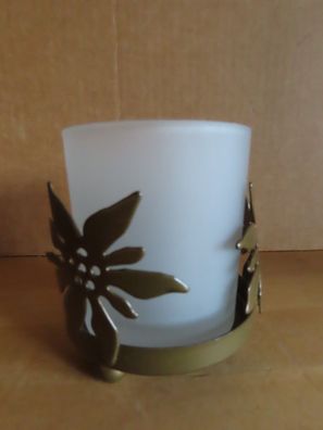 Teelichthalter milchiges Glas mit Metallhalter mit 3 Blumen LBVYR