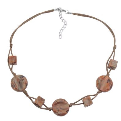 Kette 3x Scheibe Kunststoff nougat-braun-marmoriert Kordel hellbraun 45cm