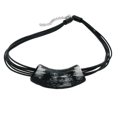 Kette 54x19mm Anhänger Rohr flach gebogen schwarz-silberstrich glänzend Kunststoff