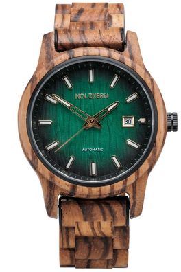 Holzkern Herren-Armbanduhr Automatik Nightbird Zebrano/Grün