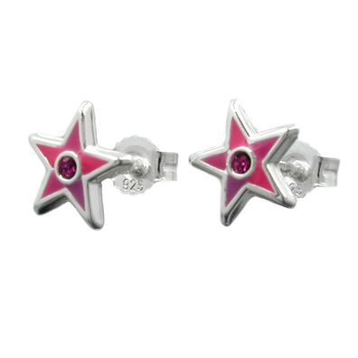 Ohrstecker Ohrring 8x8mm Kinderohrring Stern pink lackiert mit Glasstein pink