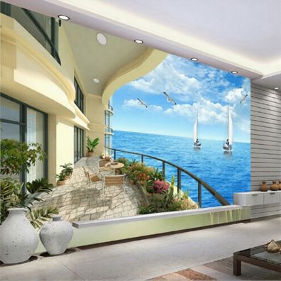 Vlies Fototapete Wandtapete Wandbilder 3D Luxusvilla Balkon Landschaft Panorama 2332