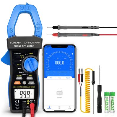 Surlaba Bluetooth Strommesszange XF-580S-APP TRMS mit Leitungsteiler NCV