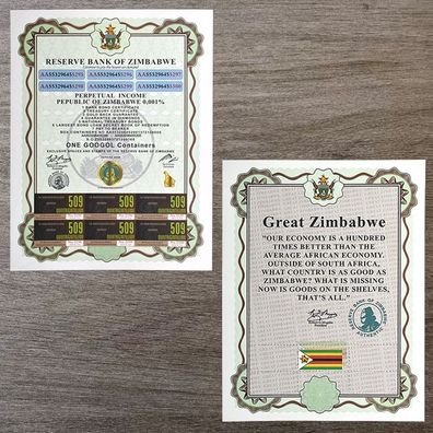 Banknote One Gogool Containers Certificate Zimbabwe Bankfrisch (Zimb200726)
