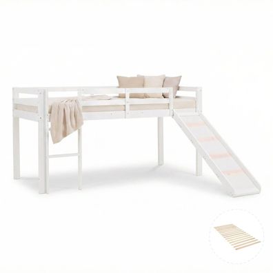 Hochbett mit Lattenrost Kinderbett Leiter Rutsche Kiefer 90x200 massiv Jugendbett