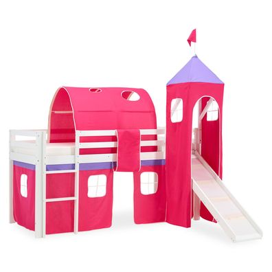 Kinderbett Hochbett 90x200 cm Kiefer Vorhang Rutsche Turm Tunnel