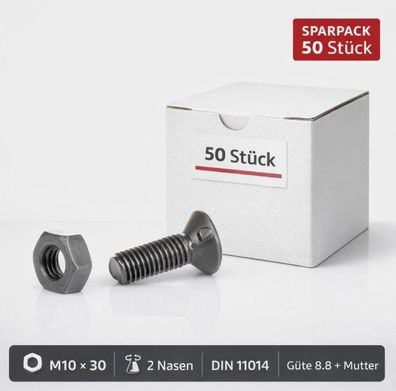 50x Pflugschrauben/Scharschrauben 2 Nasen M10x30 DIN11014 8.8 inkl Mutter