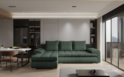 Ecksofa Sofa Hecktor mit Schlaffunktion Stoff Abriamo Flaschengrün Ottomane Link