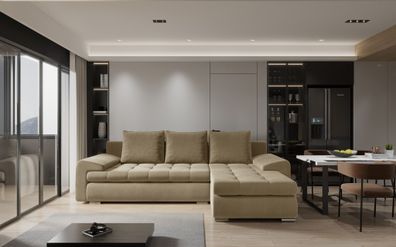Ecksofa Sofa Hecktor mit Schlaffunktion Stoff Castel Sand Ottomane Rechts