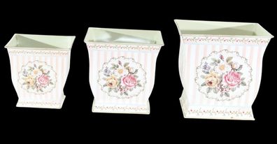 Übertöpfe 3er-Set Metall - Rosenmotiv Landhaus Provence Stil Metalltöpfe H 12-15 cm
