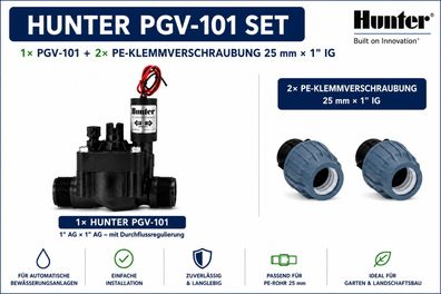 Hunter PGV-101 Magnetventil 1er Set inkl. 2× PE-Kupplung 25 mm × 1" IG
