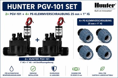 Hunter PGV-101 Magnetventil 2er Set inkl. 4× PE-Kupplung 25 mm × 1" IG