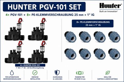 Hunter PGV-101 Magnetventil 4er Set inkl. 8× PE-Kupplung 25 mm × 1" IG