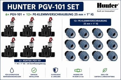 Hunter PGV-101 Magnetventil 6er Set inkl. 12× PE-Kupplung 25 mm × 1" IG