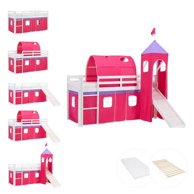 Hochbett 90x200 cm Stockbett Kinderbett Holz Kiefer Vorhang Turm Tunnel pink Rutsc