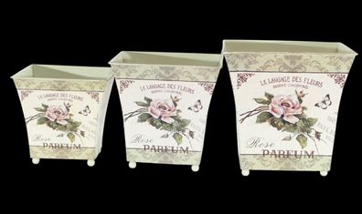 Übertöpfe 3er-Set Metall Rose Parfum Landhaus Provence Stil Metalltöpfe H 16,5-22 cm