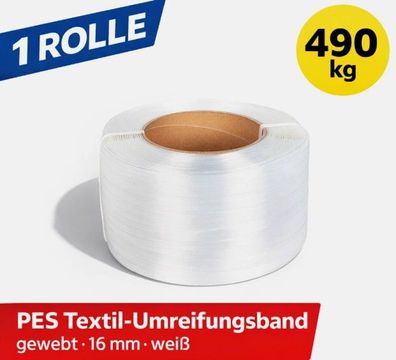 1 Rolle PES Textilband | Textil-Umreifungsband | gewebt | 490kg | 16mm weiß