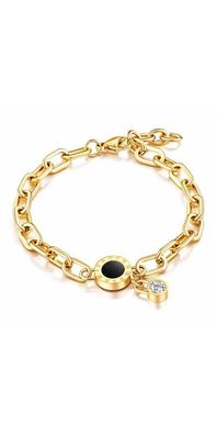 Gliederarmband mit schwarzem Rundelement und Zirkonia aus 18K vergoldetem Edelstahl