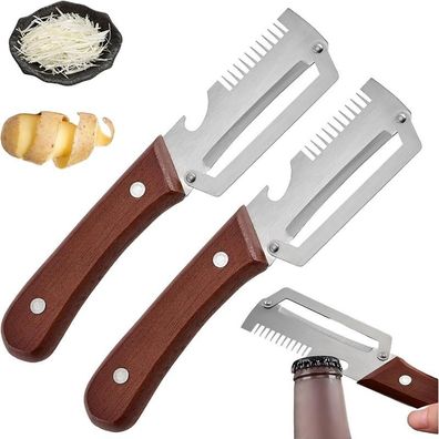 2 Stück Multifunktionaler Gemüseschäler mit Holzgriff, Flaschenöffner und Reibe, 3-in