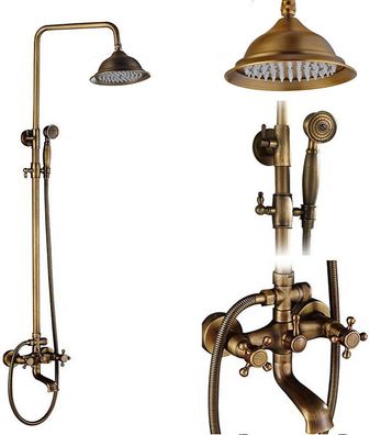 Antikes Badezimmer-Duscharmatur-Set, Messing, Duschsäule, Wandhalterung, Doppelgriff