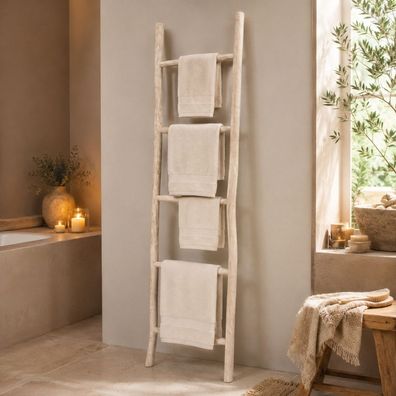 Teak Deko-Leiter KEPALA H150cm White-Wash Handtuchhalter Kleiderständer Leiter