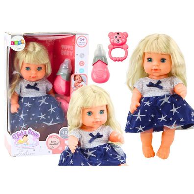 LeanToys Puppe in dunkelblauem Kleid mit Trinkflasche, Rassel und Geräuschen