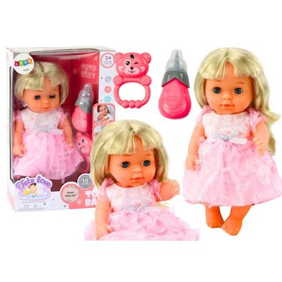 LeanToys Puppe in hellrosa Kleid mit Trinkflasche, Rassel und Geräuschen
