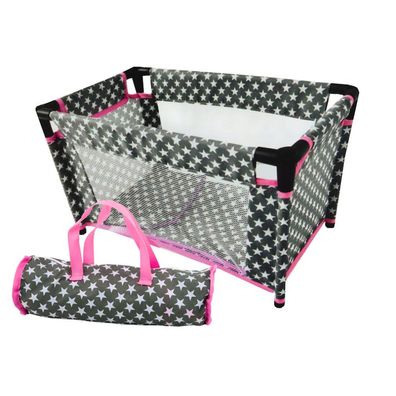 LeanToys Puppenbett Alice mit Sternenmuster Grau Rosa