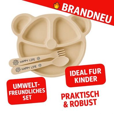 Kinder Geschirr Set 3tlg aus Weizenstroh mit Teller Fächer Besteck Box Camping