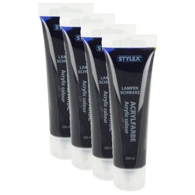 4x Acrylfarbe 200 ml STYLEX Acryl Farben Malfarbe Künstler Schwarz Lampenschwarz