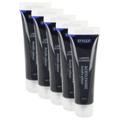5x Acrylfarbe 200 ml STYLEX Acryl Farben Malfarbe Künstler Schwarz Lampenschwarz