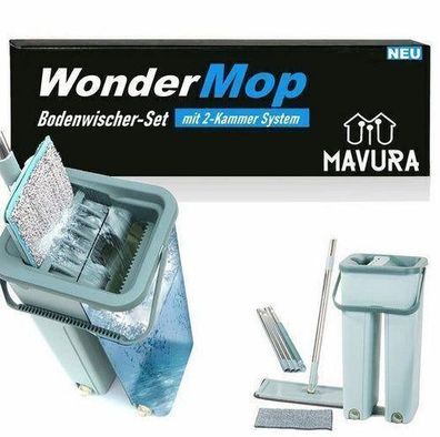 Wondermop Profi Bodenwischer Set Wischmop Mikrofaser-Mopp 2-Kammer-System Eimer