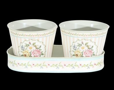 Übertöpfe 2er-Set mit Tablett Metall - Rosenmotiv Landhaus Provence Stil H 10 cm