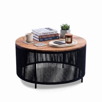 Couchtisch Ø 75cm Sofatisch Platte Akazie massiv Metallgestell #4554