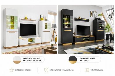 Wohnwand Modern FAME Wohnzimmer Wand TV Schrank Vitrine Regal Glass Schwarz Weiss LED