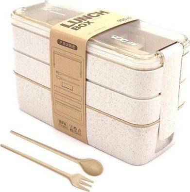 Bento Brotdose 3 Schichten 900ml - Weizenstroh mit Besteck