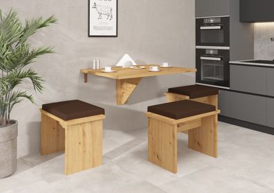 Essgruppe EX8 mit Klapptisch und 3 Hockern für je drei Personen. Verschiedene Farbe