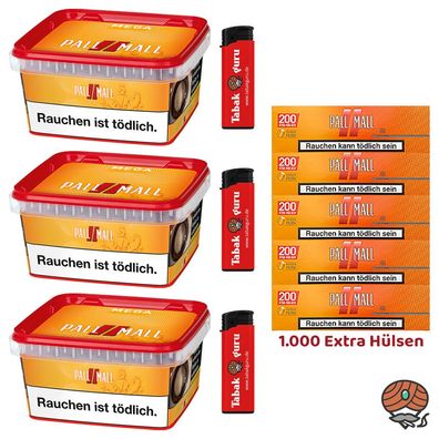 Pall Mall Allround Mega Box 3x 145g Tabak, Allround Hülsen, Feuerzeuge